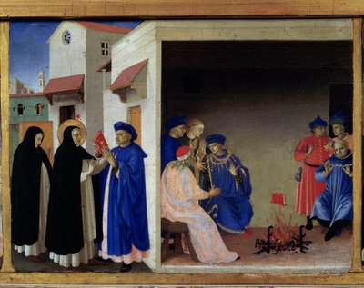 Predelle of the coronation of the Virgin: the miracle of the book sends to the Albigeese by Fra  Angelico