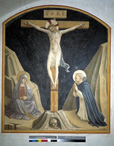 Crucifixion with the Virgin Mary and Saint Dominic. Inscription "INRI" on the Cross by Fra Angelico