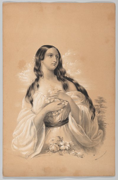 Woman Holding Flowers, in The New York Drawing Book, Containing a Series of Original Designs, 1847 by Frances Flora Bond Palmer
