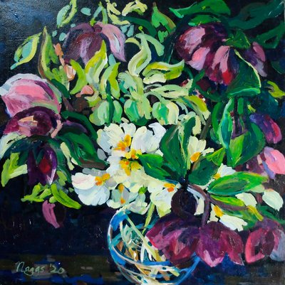 Helibore and Primroses on a Dark Ground by Frances Naggs