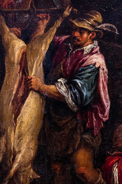 Peasant Skinning a Pig (detail) by Francesco (1549-92) Bassano