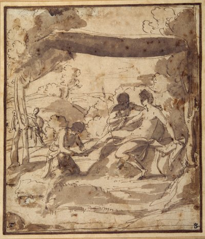 Venus, reclining under a rustic canopy, with Adonis fastening her sandal by Francesco Albani