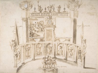 Design for a Garden Fête with a Semi-circular Wall and Statues in Niches, ca. 1635-79 by Francesco Allegrini
