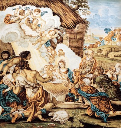 Crib, painted majolica plate, by Francesco Antonio Xaverio Grue, Abruzzo Castelli manufacture, Italy by Francesco Antonio Xaverio Grue