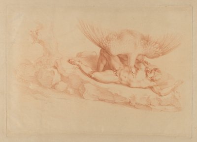 Prometheus, naked, chained to a rock, looking up at an eagle standing over him by Francesco Bartolozzi