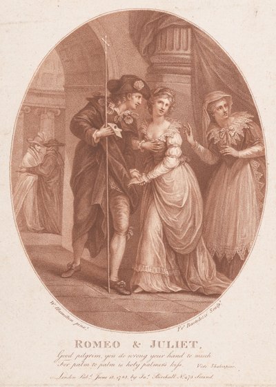 Romeo and Juliet at the Masquerade, Shakespeare, Romeo and Juliet, Act 1, Scene 5 by Francesco Bartolozzi