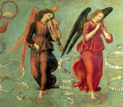 Angels playing the fiddle and pipe (detail) by Francesco Botticini