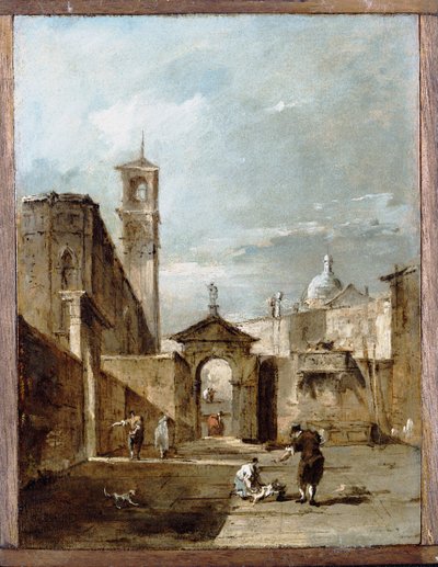 A Capriccio of a Venetian Campo with a Church Beyond by Francesco Guardi
