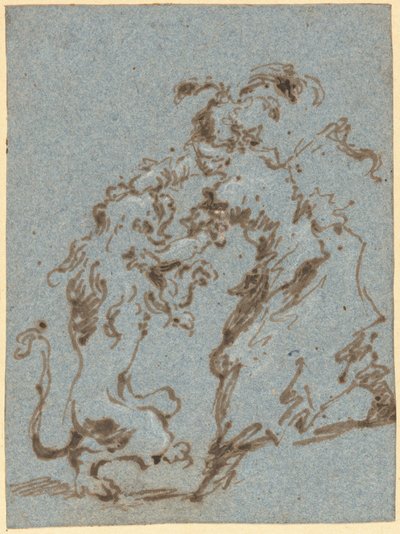An Elegantly Dressed Woman Struggling with a Lion by Francesco Guardi