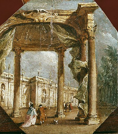 Capriccio of a Folly with an Elegant Couple and a Dog by Francesco Guardi