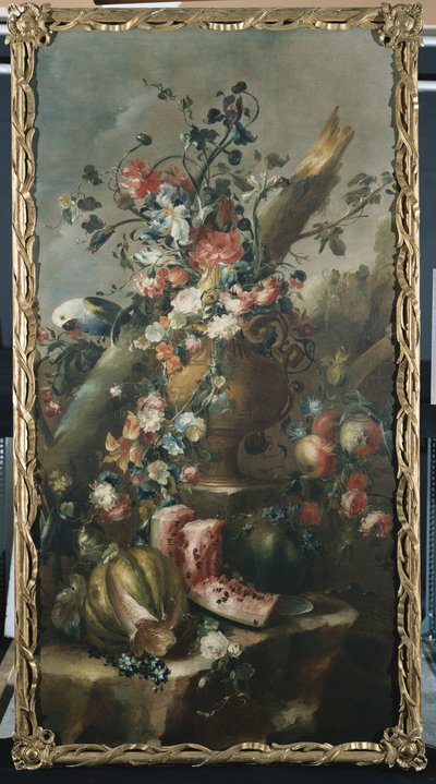 Flowers in a Sculpted Urn, with Melons and Parrot by Francesco Guardi