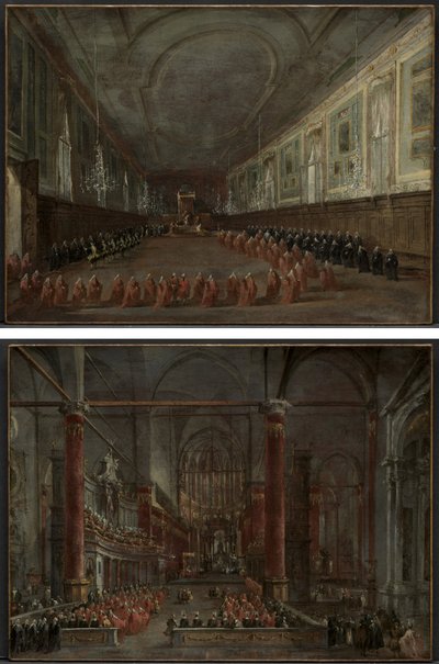 Pope Pius VI Descending the Throne to Take Leave of the Doge in the Hall of SS. Giovanni e Paolo, 1782 and Pontifical Ceremony in SS. Giovanni e Paolo, Venice, 1782 (pair) by Francesco Guardi