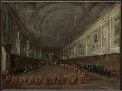 Pope Pius VI Descending the Throne to Take Leave of the Doge in the Hall of SS. Giovanni e Paolo, 1782 by Francesco Guardi