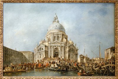 The Doge of Venice goes to the Salute of Venice, Every year on 21 November the Doge went to the Basilica of Santa Maria della Salute, edified in thanksgiving for the end of the plague of 1630, in order to thank the Virgin for this deliverance, a boat bridg by Francesco Guardi
