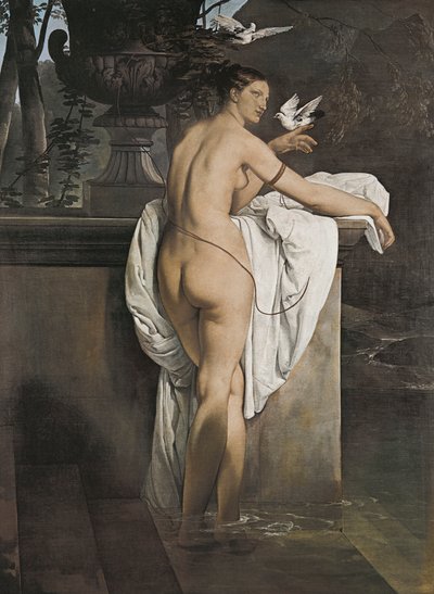 Portrait of ballerina Carlotta Chabert playing with doves by Francesco Hayez