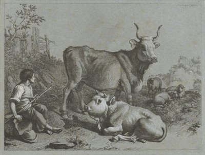 Shepherd Boy with Two Oxen and Three Sheep (series title: Shepherd Scenes) by Francesco Londonio