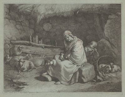 Interior of a Stable with a Seated Spinner and Sleeping Child by Francesco Londonio