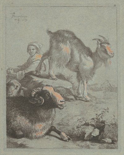 Seated Shepherdess, a Ram, a Sheep and a Goat by Francesco Londonio