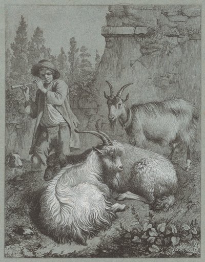 Shepherd Playing a Flute with Goats by Francesco Londonio