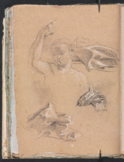 Verona Sketchbook: Figure with upraised right arm and drapery studies (page 68) by Francesco Lorenzi