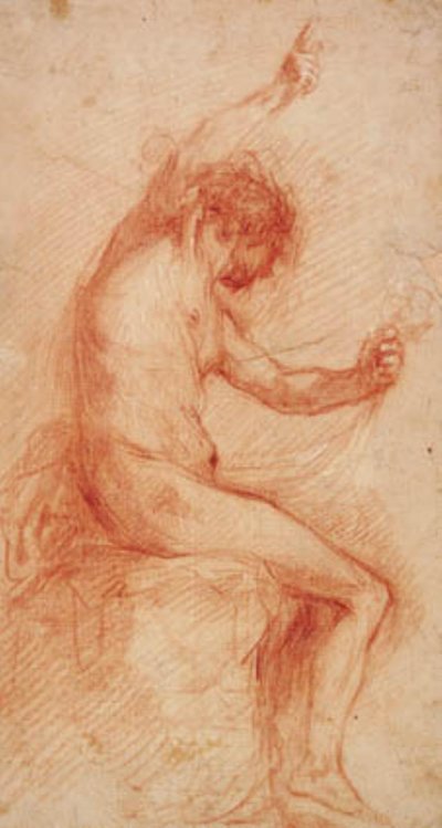 Seated male in profile to the right looking down holding a drapery in his left hand, pointing upwards with his right by Francesco Montelatici