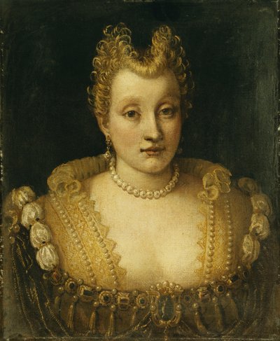 Portrait of a Lady Said to be of the Contarini Family, Bust Length, Wearing an Elaborate Dress with Jewels and a Pearl Necklace and Earrings by Francesco Montemezzano
