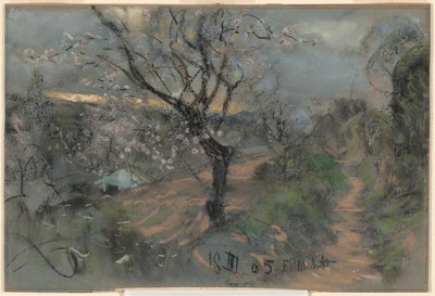 A Hillside Path with Blooming Cherry Trees under an Overcast Sky by Francesco Paolo Michetti