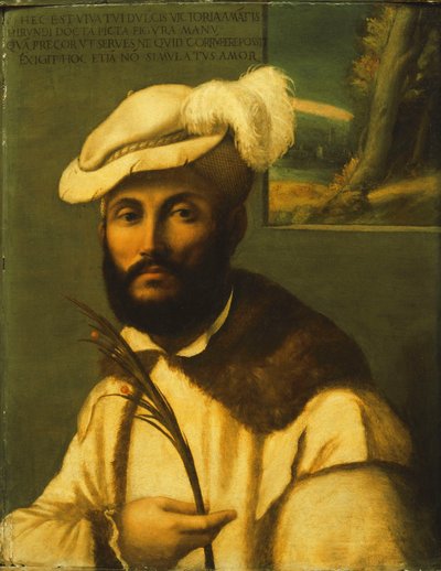 Portrait of a Bearded Gentleman, Half Length, in a Fur-Trimmed White Jacket and a Plumed Hat and Holding a Palm Frond, a Landscape Seen Through a Casement Beyond by Francesco Rondani