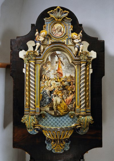 Large Holy Water Font in Painted Majolica with Central Scene from Painting Adoration of the Magi by Francesco Solimena by Francesco Solimena