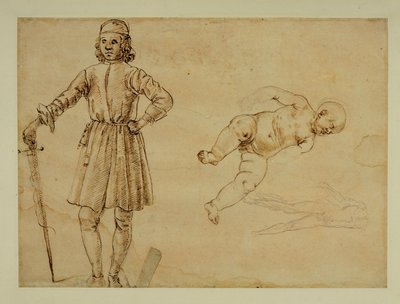 A Child Sitting; Standing Man Holding a Sword by Francesco di Simone (attr. to)