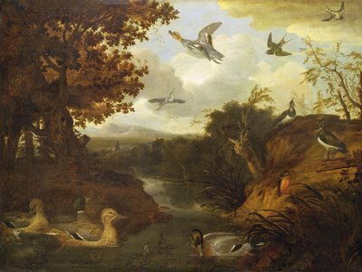 Ducks and other birds about a stream in an Italianate landscape by Francis Barlow