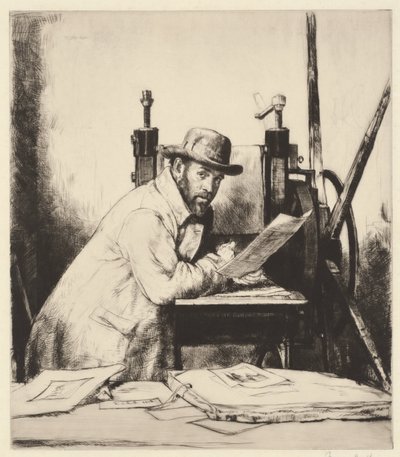 Portrait of Muirhead Bone Leaning on an Etching Press by Francis Dodd