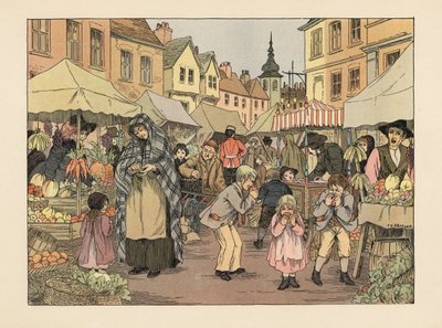 Victorian children eating penny oranges from fruit and vegetable stalls in a market in London