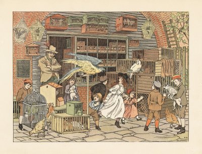Victorian children playing with parrots and cockatoos at the bird fancier