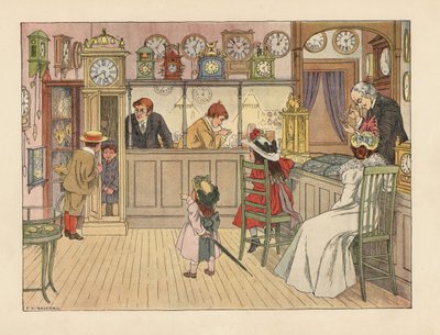 Victorian Family at the Watchmakers. Children Playing in a Grandfather Clock, While a Clerk Fixes a Watch by Francis Donkin Bedford