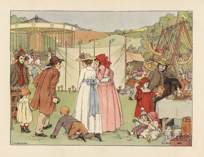 Victorian youths at a coconut shy, children on swings and carousel at a village fair. Illustration by Francis Donkin Bedford from Edward Verrall Lucas