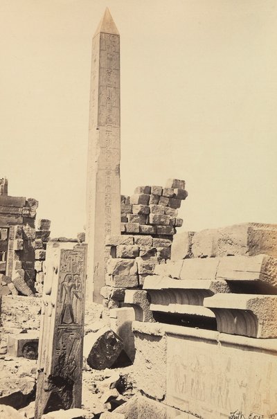 "Egypt and Palestine": granite obelisk built by the pharaoh Tutmosis I and the queen Hatshepsut in the great temple of Amon-Ra, Karnak, Egypt by Francis Frith