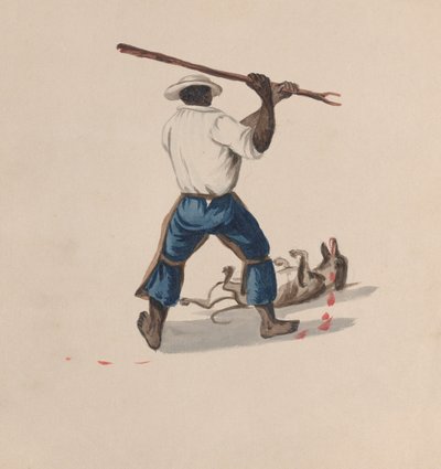 A man viewed from behind beating a dog with a stick, ca. 1848 by Francisco