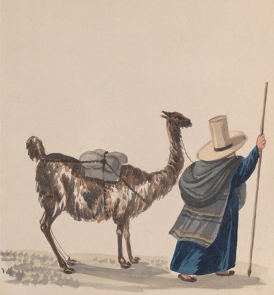 A Woman Walking with a Llama, from a Group of Drawings Depicting Peruvian Costume by Francisco