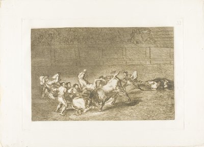 Two teams of picadors thrown one after the other by a single bull, plate 32 from The Art of Bullfighting by Francisco Jose de Goya y Lucientes