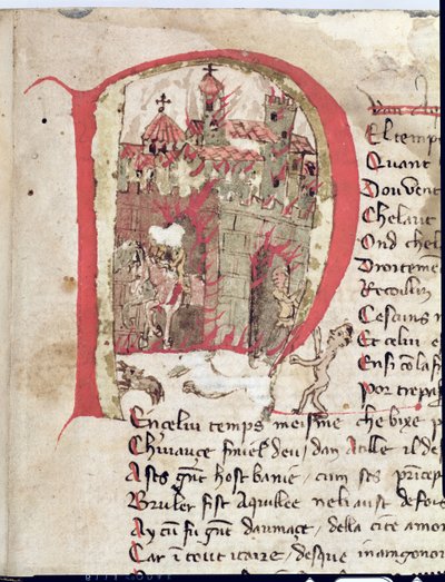 Historiated initial depicting Attila the Hun burning the city of Aquila from The War of Attila by Nicola da Casola by Franco Italian School