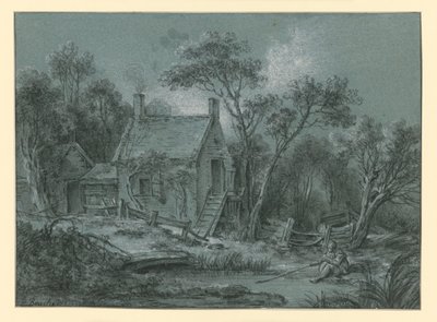 House with Stairs between Trees, with an Angler in Front by François Boucher
