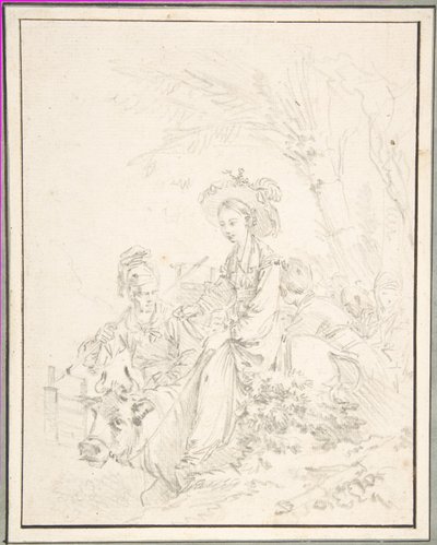 Peasant Girl Riding an Ox with Companions by François Boucher