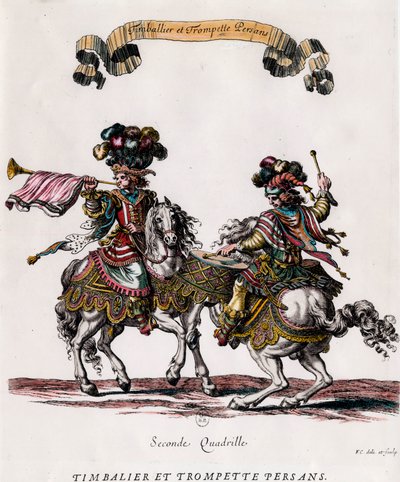 Persian timbalier and trumpet during the carousel given by King Louis XIV. Engraving by Francois Chauveau circa 1662. Private collection by Francois Chauveau