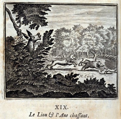 The Lion and the Donkey Hunting. Fables by Jean de La Fontaine (1621-95). Illustration by François Chauveau (1613-1676). Edition of 1728 by Francois Chauveau