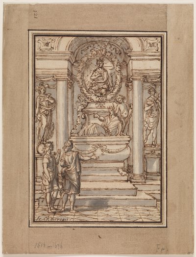Two Men in Antique Drapery in Front of a Tomb by Francois Chauveau
