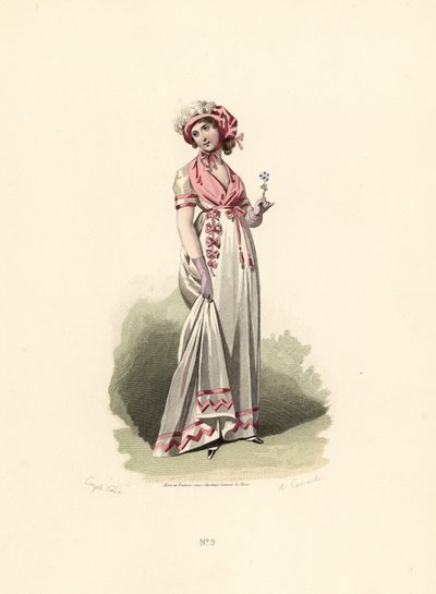 Woman in white dress, pink fichu and corsage by Francois Claudius (after) Compte Calix