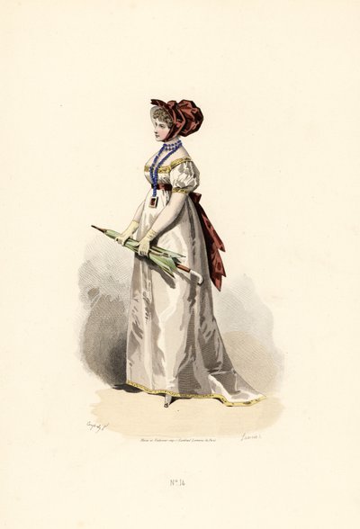 Woman in white dress with straw-coloured trim and garnet belt by Francois Claudius (after) Compte Calix