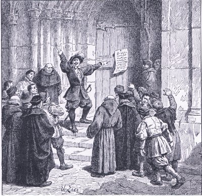 Robert Aske affixing his proclamation to the door of York Minster, from Cassells History of the British People published by the Waverley Book Company, c.1950