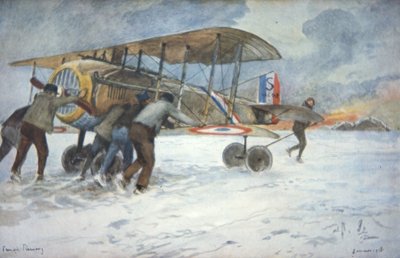 Ground Crew and Pilot Manhandle a French Spad Fighter Through the Snow to a Hangar, January 1918 by Francois Flameng